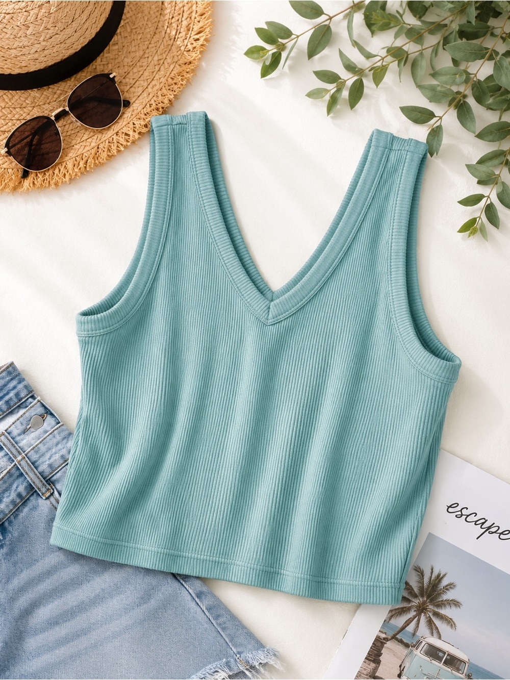Old Navy Ribbed V-Neck Crop Tank - Seafoam